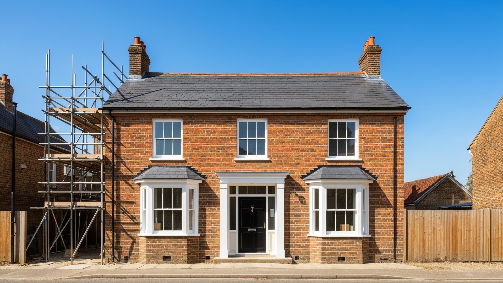 Spectrum builder on a residential construction site in Kent with scaffolding and brickwork