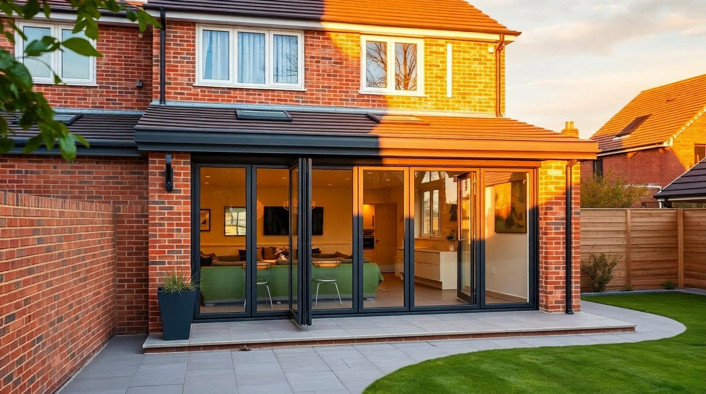 Modern UK single-storey rear extension with bifold doors opening onto a garden