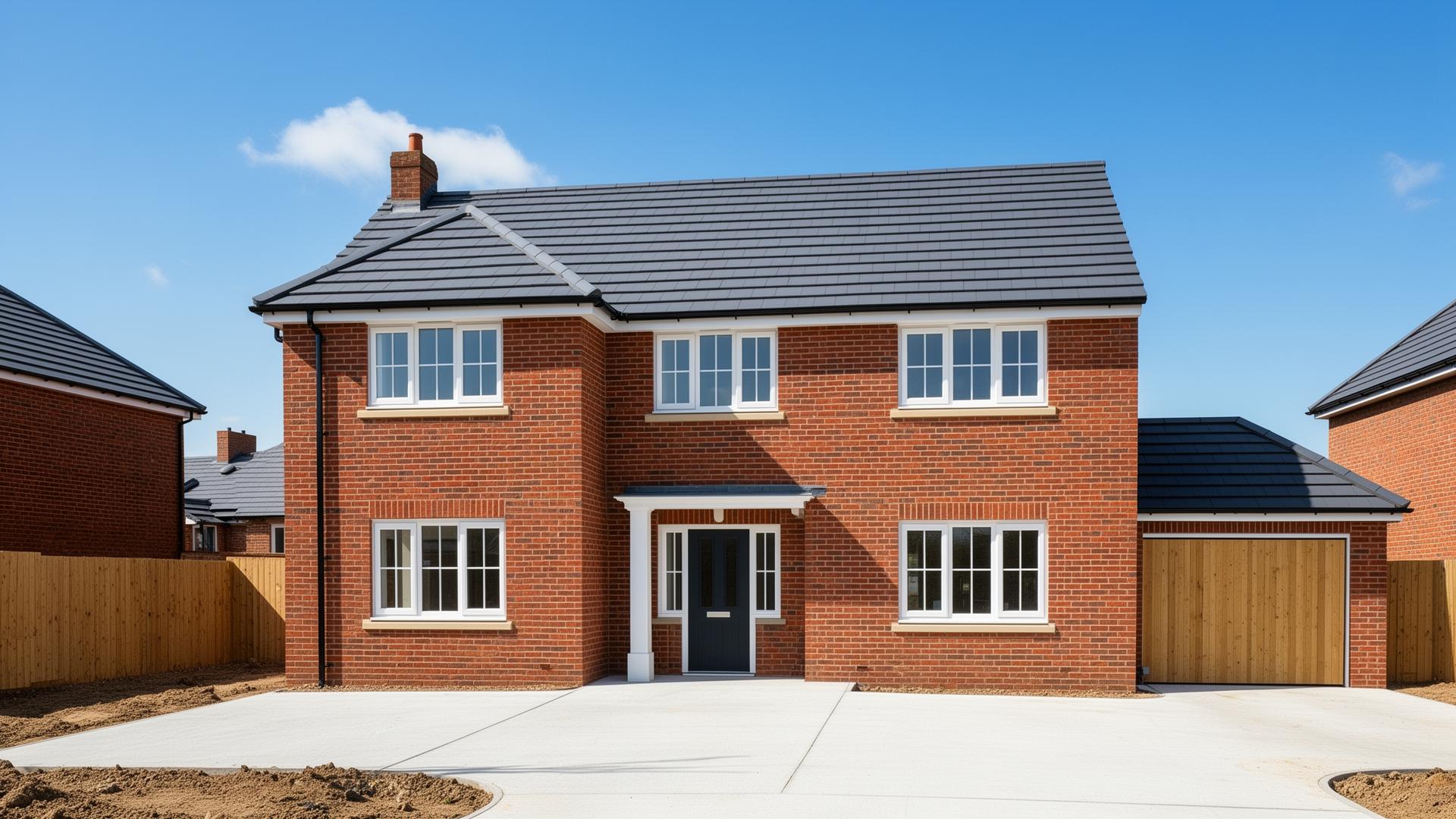 New build detached house under construction with scaffolding and fresh roof tiles