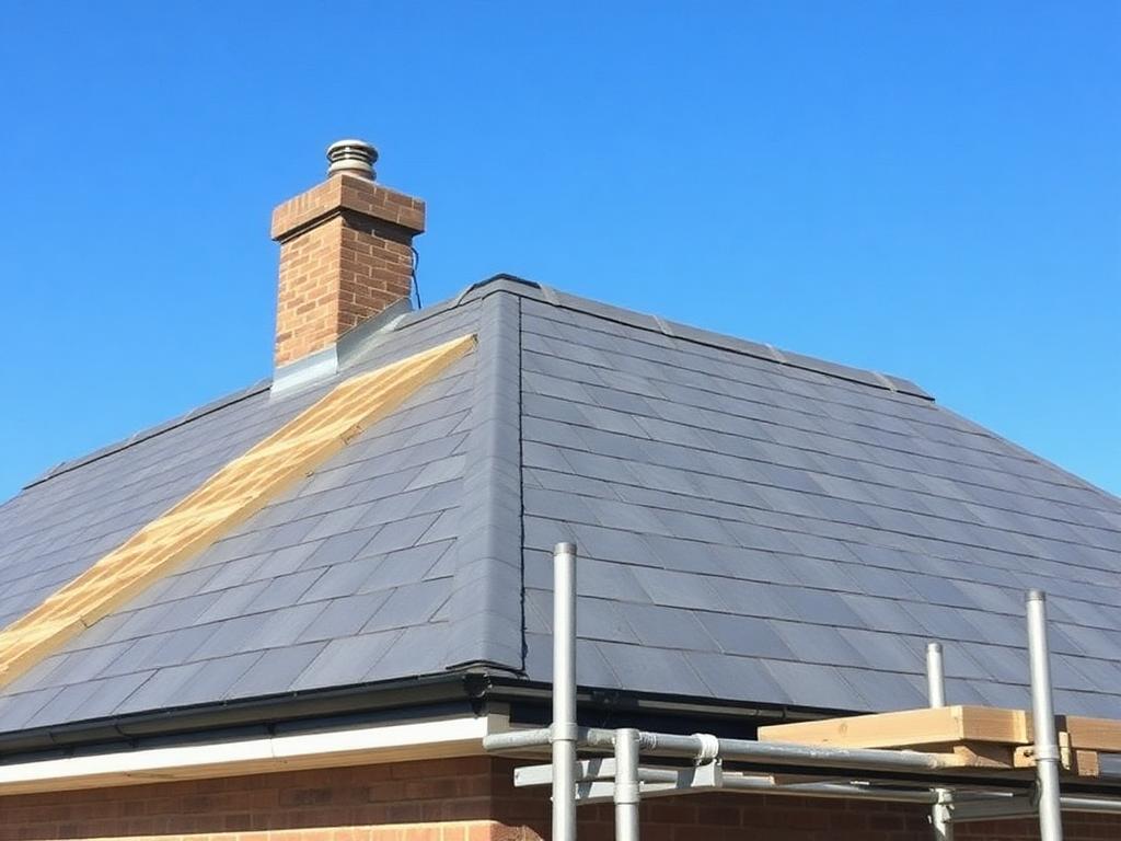 New slate pitched roof with scaffolding during a re-roof on a Kent property
